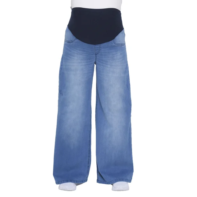 JEAN SUPER WIDE LEG CELESTE ELASTIZADO CON FAJA DE LAGODON EN CINTURA