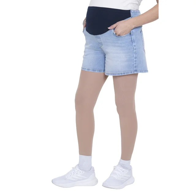 SHORT DE JEAN ELASTIZADO CELESTE CON MEDIA FAJA DELANTERA DE ALGODON ELASTIZADO