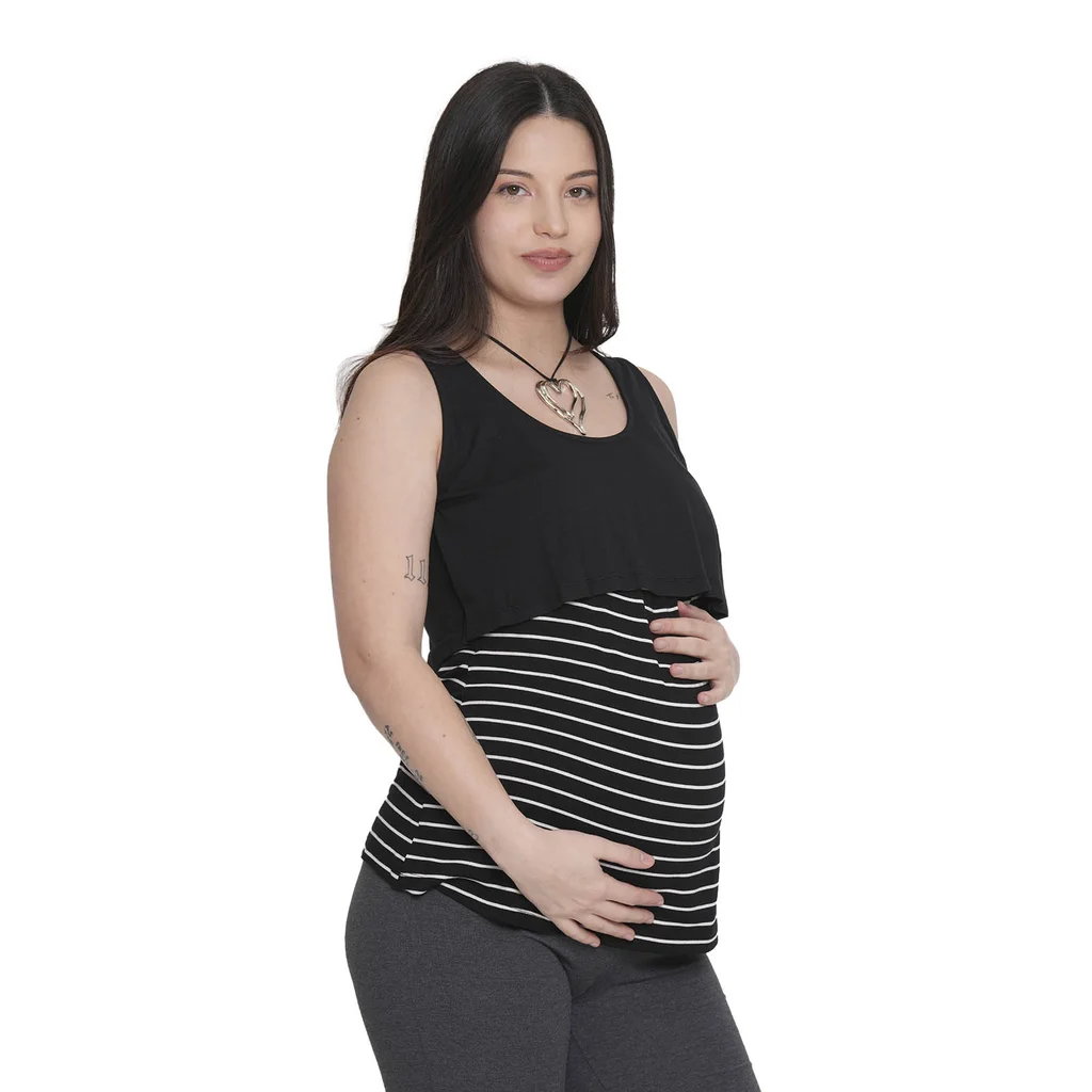 MUSCULOSA MODAL ELASTIZADO CON RAYAS COMBINADA. SUPERPUESTA PARA AMAMANTAR