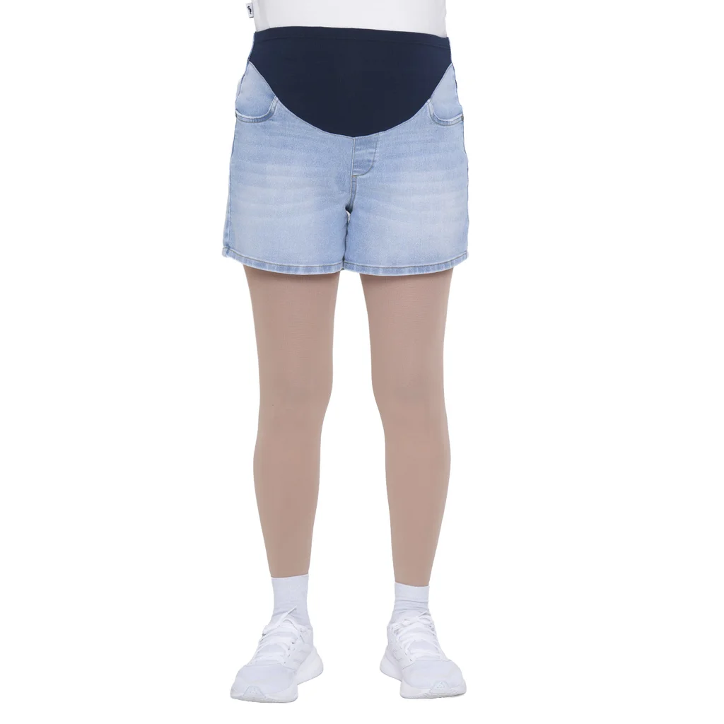 SHORT DE JEAN ELASTIZADO CELESTE CON MEDIA FAJA DELANTERA DE ALGODON ELASTIZADO