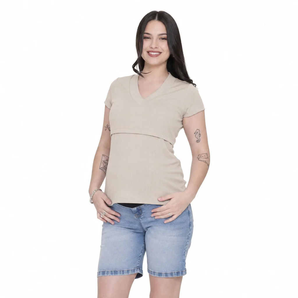 REMERA MICROMORLEY ESCOTE EN V CON RECORTE DELANTERO PARA PODER AMAMANTAR