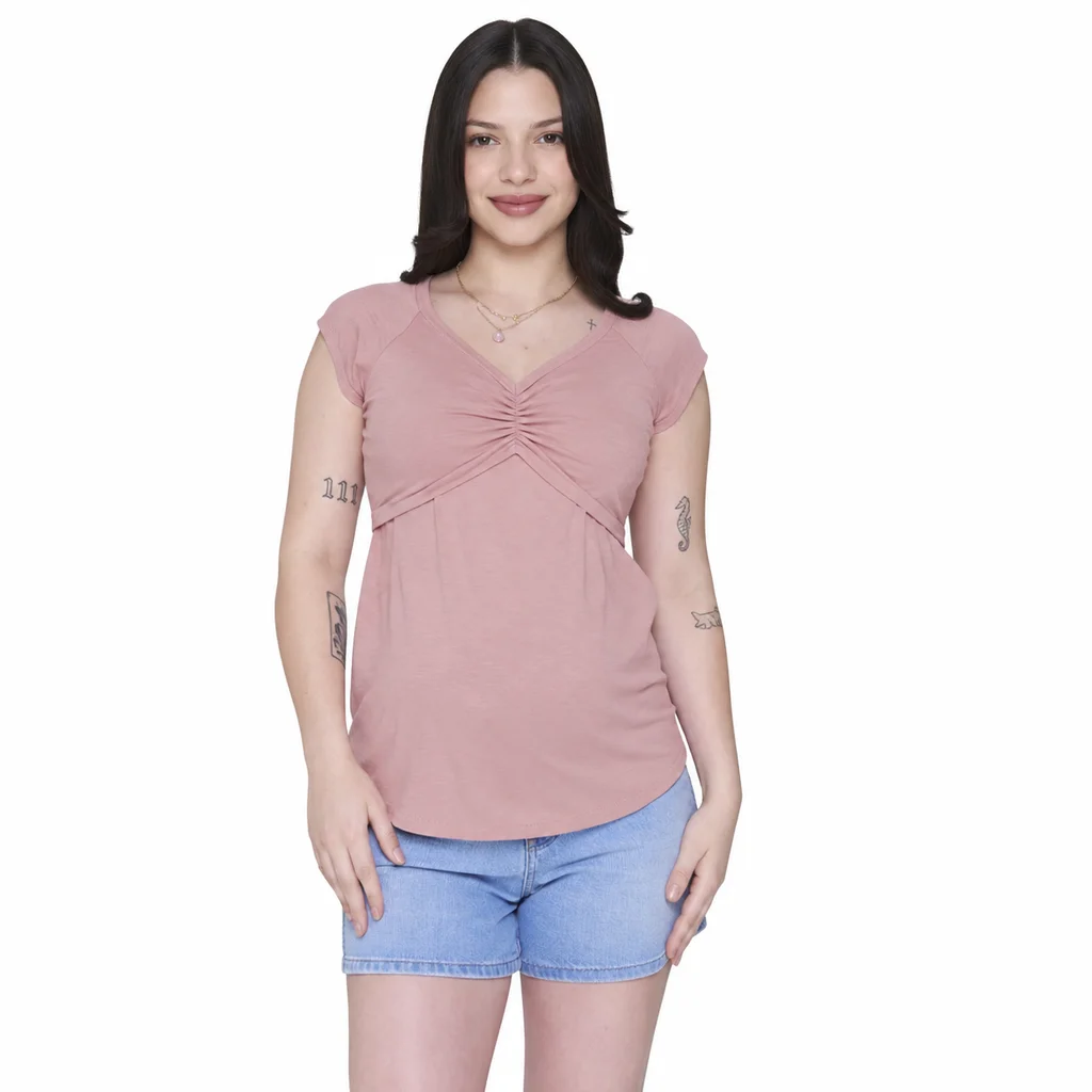 REMERA DE ALGODON ELASTIZADO LIVIANO CON FRUNCE EN DELANTERO Y SISTEMA PARA AMAMANTAR