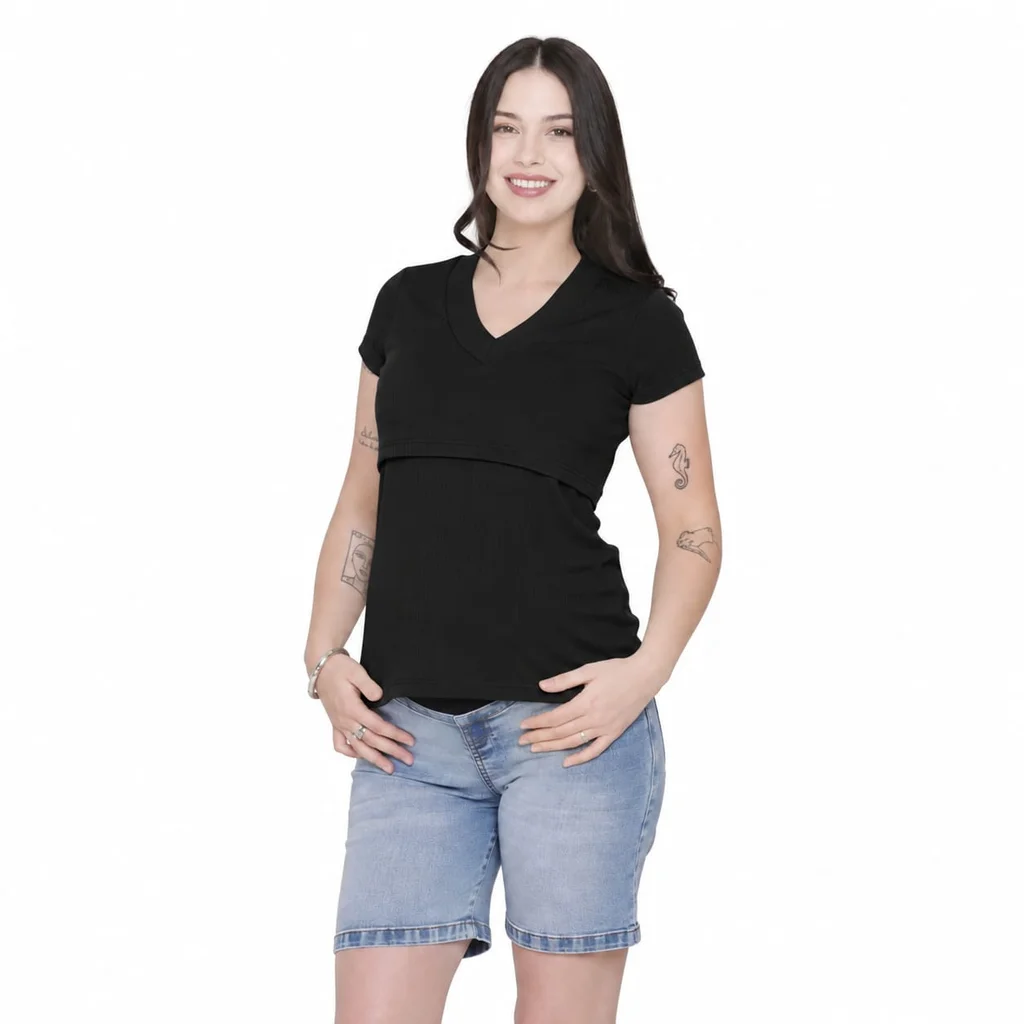 REMERA MICROMORLEY ESCOTE EN V CON RECORTE DELANTERO PARA PODER AMAMANTAR