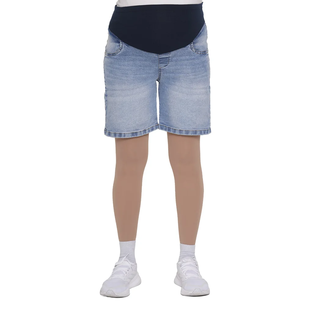 BERMUDA DE JEAN ELASTIZADO COLOR CELESTE TIRO ALTO EN COLA CON MEDIA FAJA DE ALGODON ELASTIZADA EN PANZA