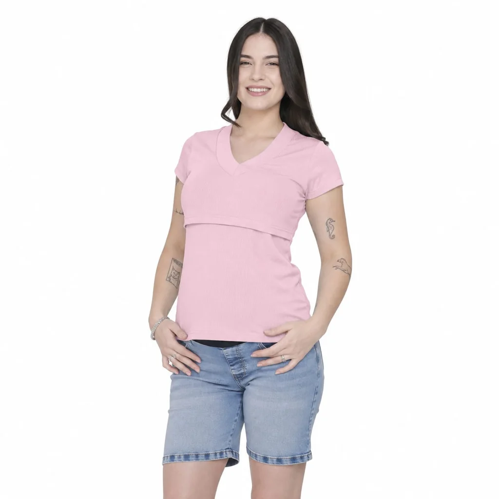 REMERA MICROMORLEY ESCOTE EN V CON RECORTE DELANTERO PARA PODER AMAMANTAR