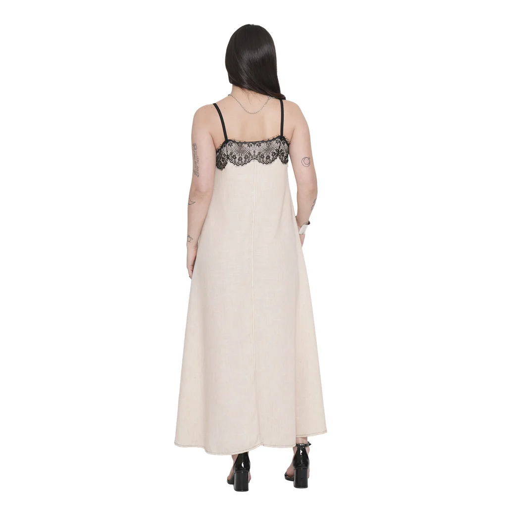 VESTIDO DE LINO CON PUNTILLA DE ESCOTE Y CIERRE EN BUSTO PARA PODER AMAMANTAR