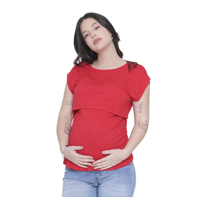 REMERA MODAL ELATIZADO CON RECORTE PARA AMAMANTAR Y DETALLE EN MANGA 