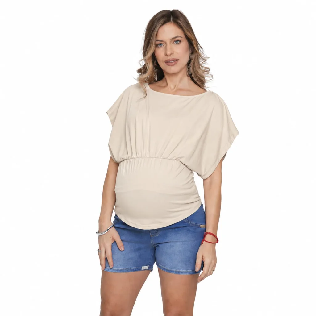 REMERA DE ALGODON LIVIANO ELASTIZADO CON MANGA AMPLIA CON CAPACIDAD PARA AMAMANTAR Y FRUNCE EN ALTURA DEL BUSTO