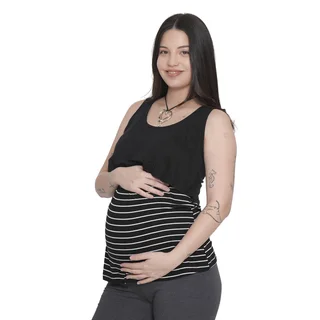 MUSCULOSA MODAL ELASTIZADO CON RAYAS COMBINADA. SUPERPUESTA PARA AMAMANTAR - Vista 1