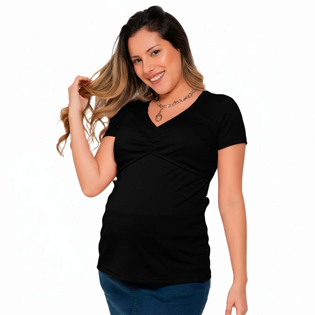 REMERA MICRO MORLEY CON PUNTILLA Y FRUNCE EN BUSTO, CON SISTEMA PARA AMAMANTAR