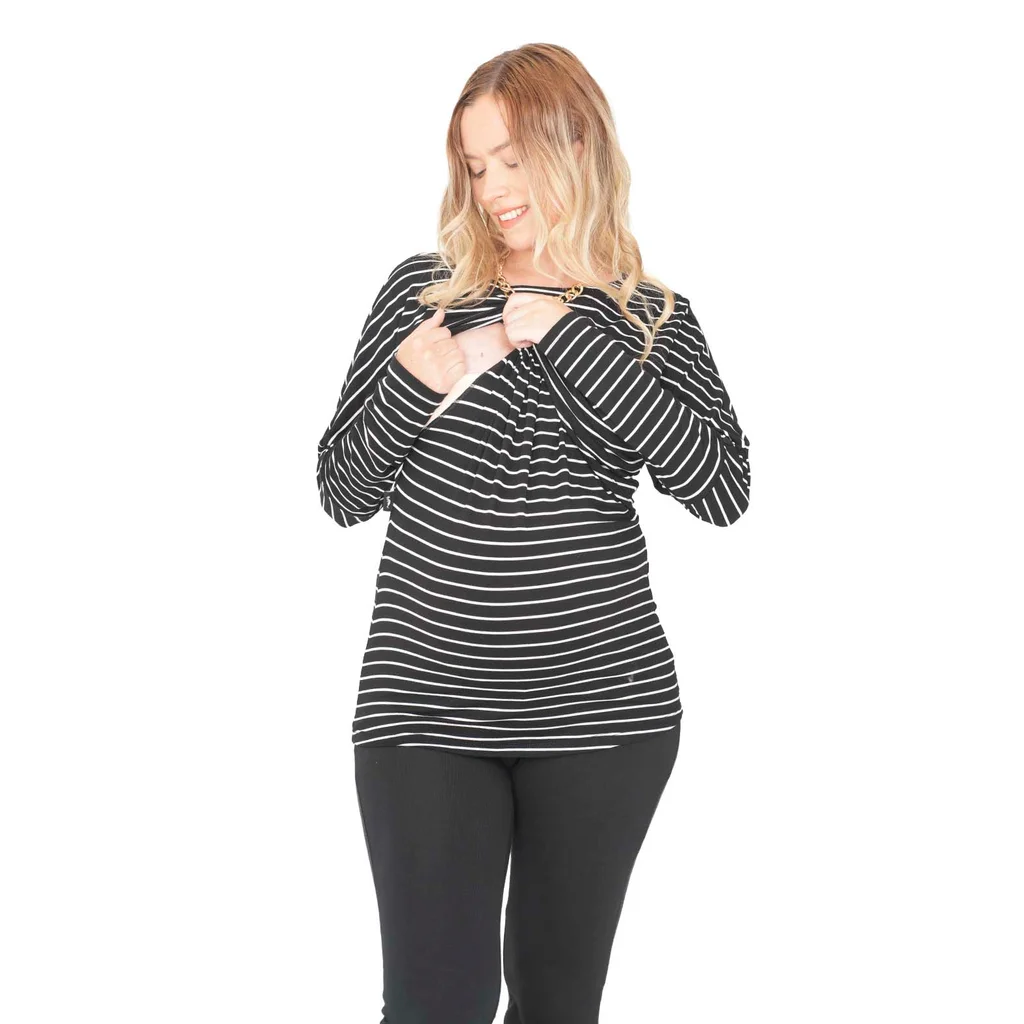 REMERA MODAL RAYAS CON MANGA OVERSIZE CAIDA CON APERTURA PARA AMAMANTAR