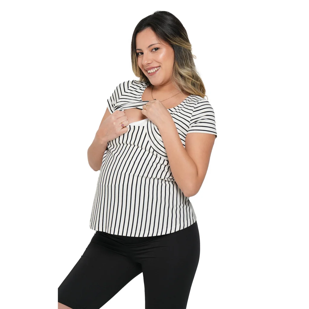REMERA RALLADA ELASTIZADA CON SISTEMA PARA AMAMANTAR