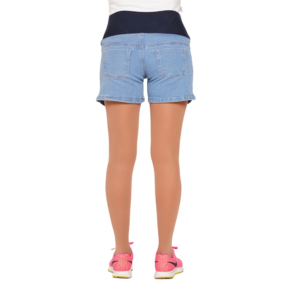 SHORT JEAN ELASTIZADO CELESTE CON FAJA ELASTIZADA DE ALGODON