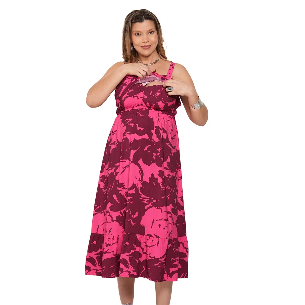 VESTIDO ESTAMPADO DE TELA PLANA CON SISTEMA PARA AMAMANTAR Y ELASTICOS EN LA ESPALDA PARA DAR CAPACIDAD A LA PANZA Y BUSTO