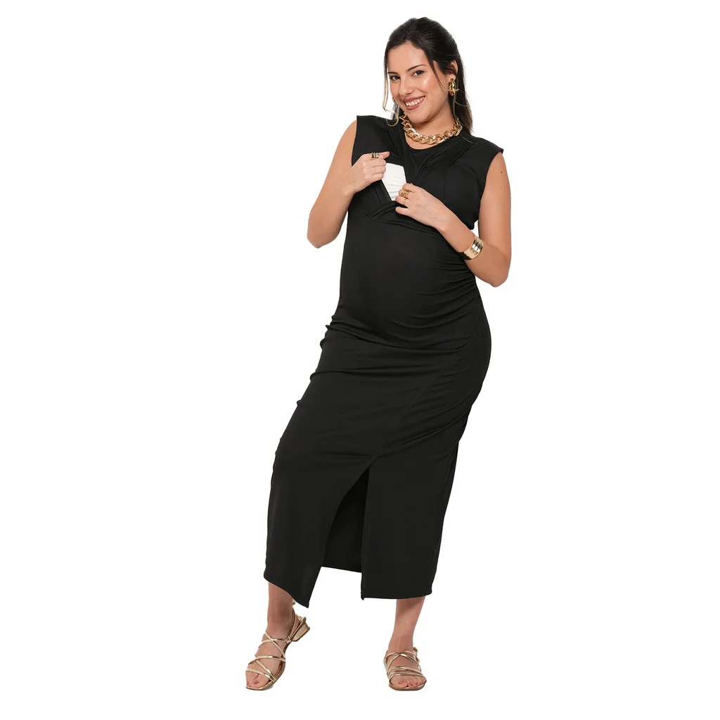 VESTIDO LARGO DE MICROMORLEY ELASTIZADO CON SISTEMA SUPERPUESTO PARA AMAMANTAR