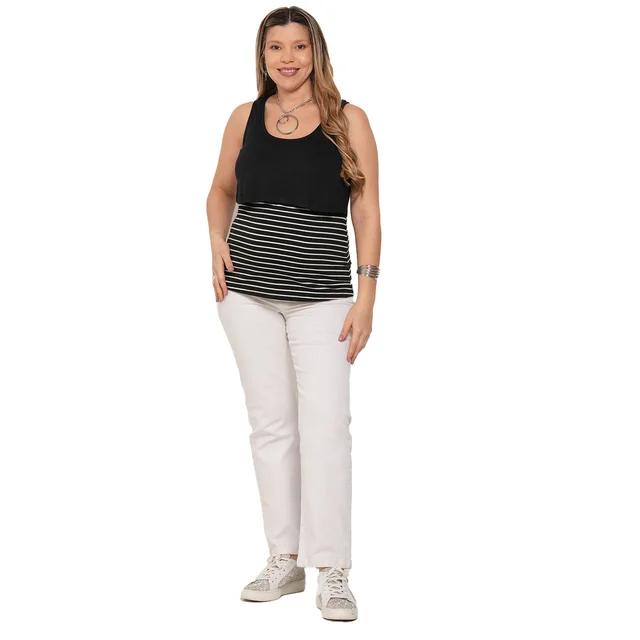 MUSCULOSA MODAL ELASTIZADO CON RAYAS COMBINADA. SUPERPUESTA PARA AMAMANTAR
