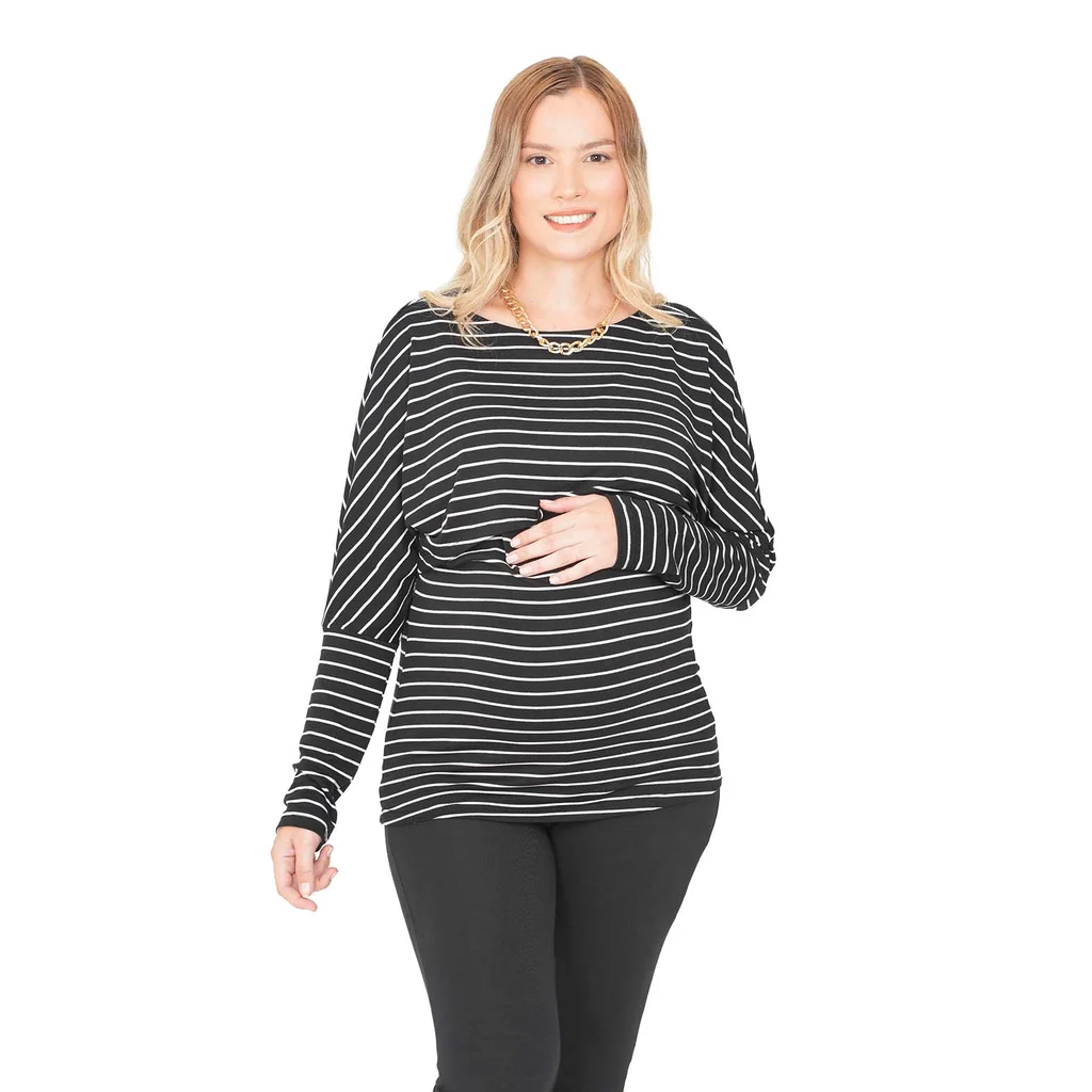 REMERA MODAL RAYAS CON MANGA OVERSIZE CAIDA CON APERTURA PARA AMAMANTAR