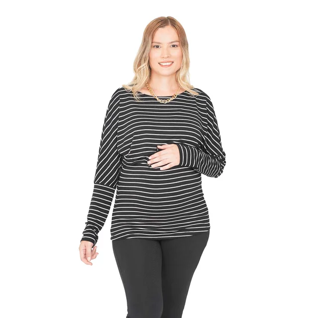 REMERA MODAL RAYAS CON MANGA OVERSIZE CAIDA CON APERTURA PARA AMAMANTAR