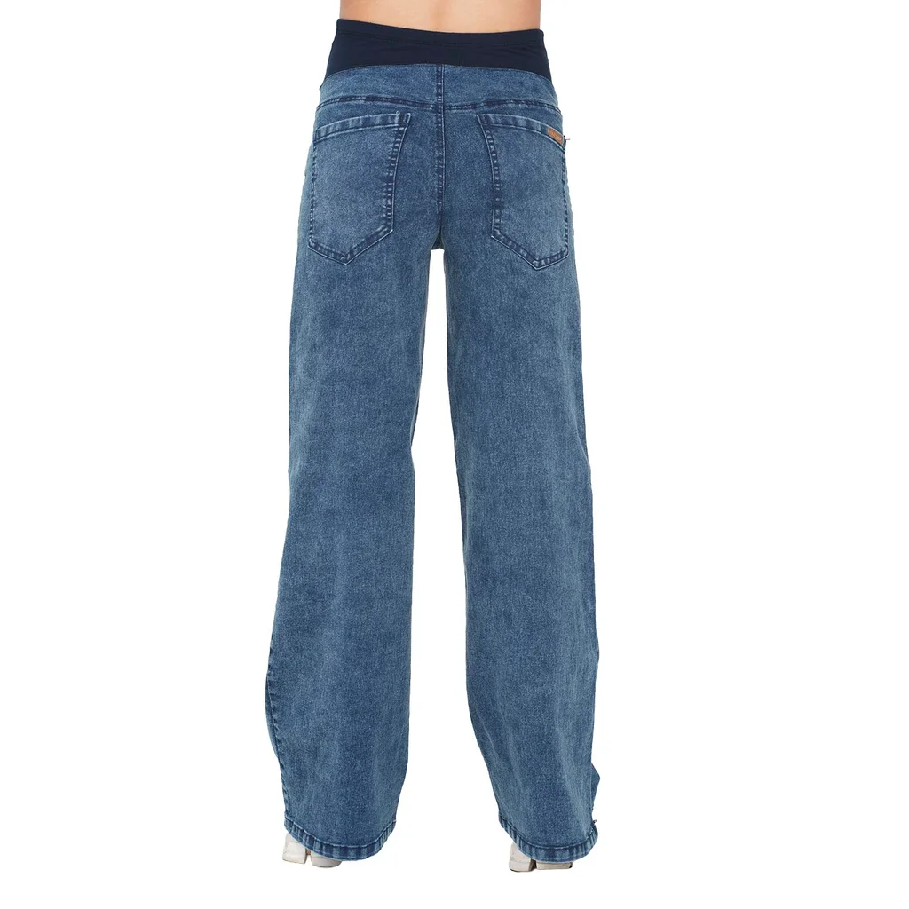 JEAN SUPER WIDE AZUL GASTADO CON FAJA DE ALGODON ELASTIZADA EN PANZA
