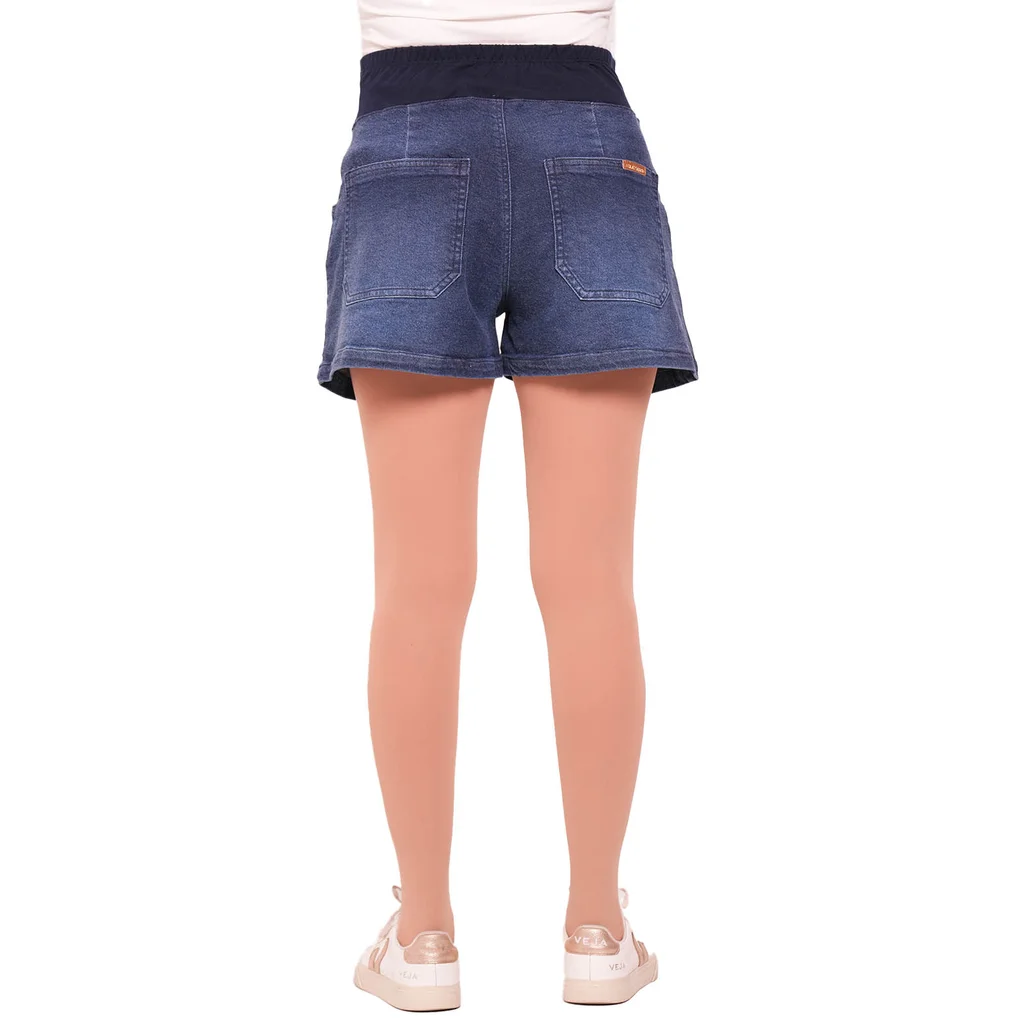 SHORT JEAN PIERNA WIDE CON FAJA ELASTIZADA DE ALGODON EN LA CINTURA, ESPALDA CON PINZAS