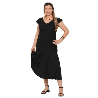 VESTIDO CREEP ELASTIZADO CON ESCOTE EN V Y VOLADOS. SISTEMA DE AMAMANTAR SUPERPUESTO - Vista 3