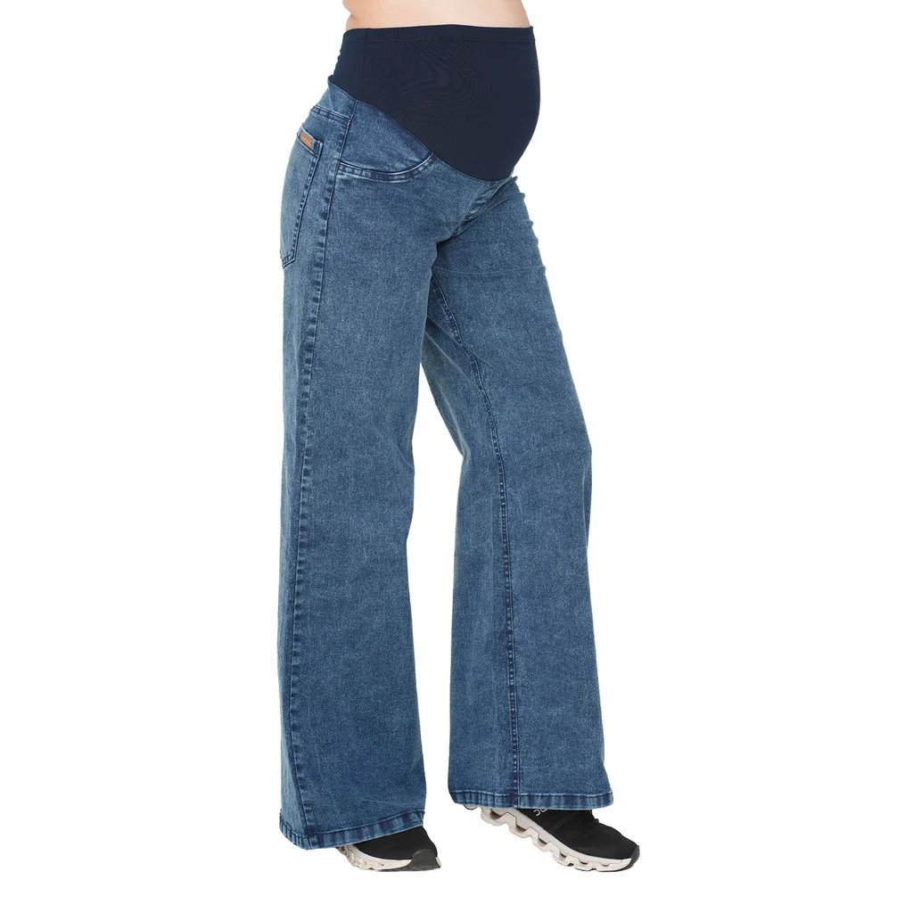 JEAN SUPER WIDE AZUL GASTADO CON FAJA DE ALGODON ELASTIZADA EN PANZA