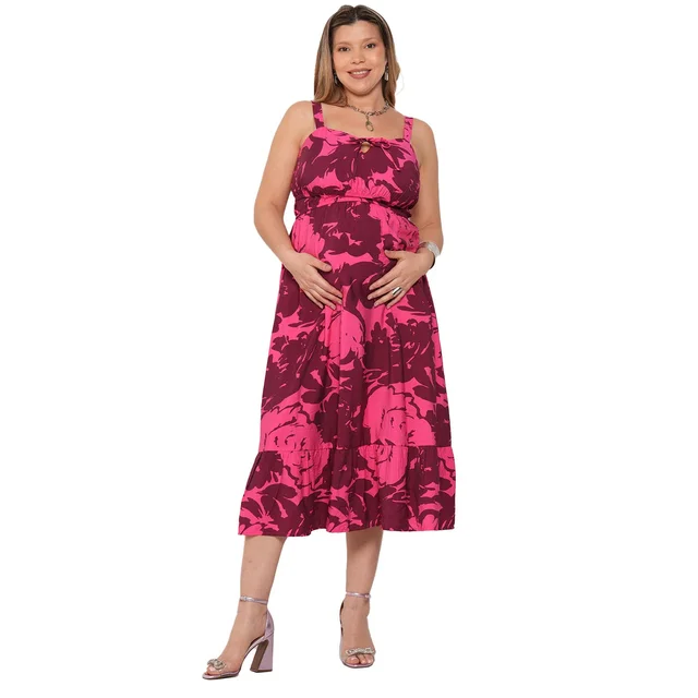 VESTIDO ESTAMPADO DE TELA PLANA CON SISTEMA PARA AMAMANTAR Y ELASTICOS EN LA ESPALDA PARA DAR CAPACIDAD A LA PANZA Y BUSTO