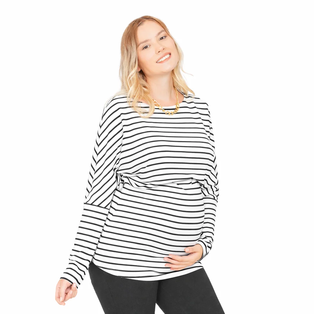 REMERA MODAL RAYAS CON MANGA OVERSIZE CAIDA CON APERTURA PARA AMAMANTAR