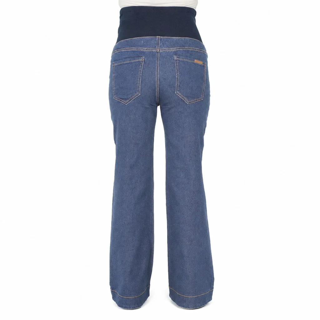 JEAN RECTO SEMI OXFORD CON BOTAMANGA ANCHA CON FAJA ALGODON ELASTIZADA ALTA.