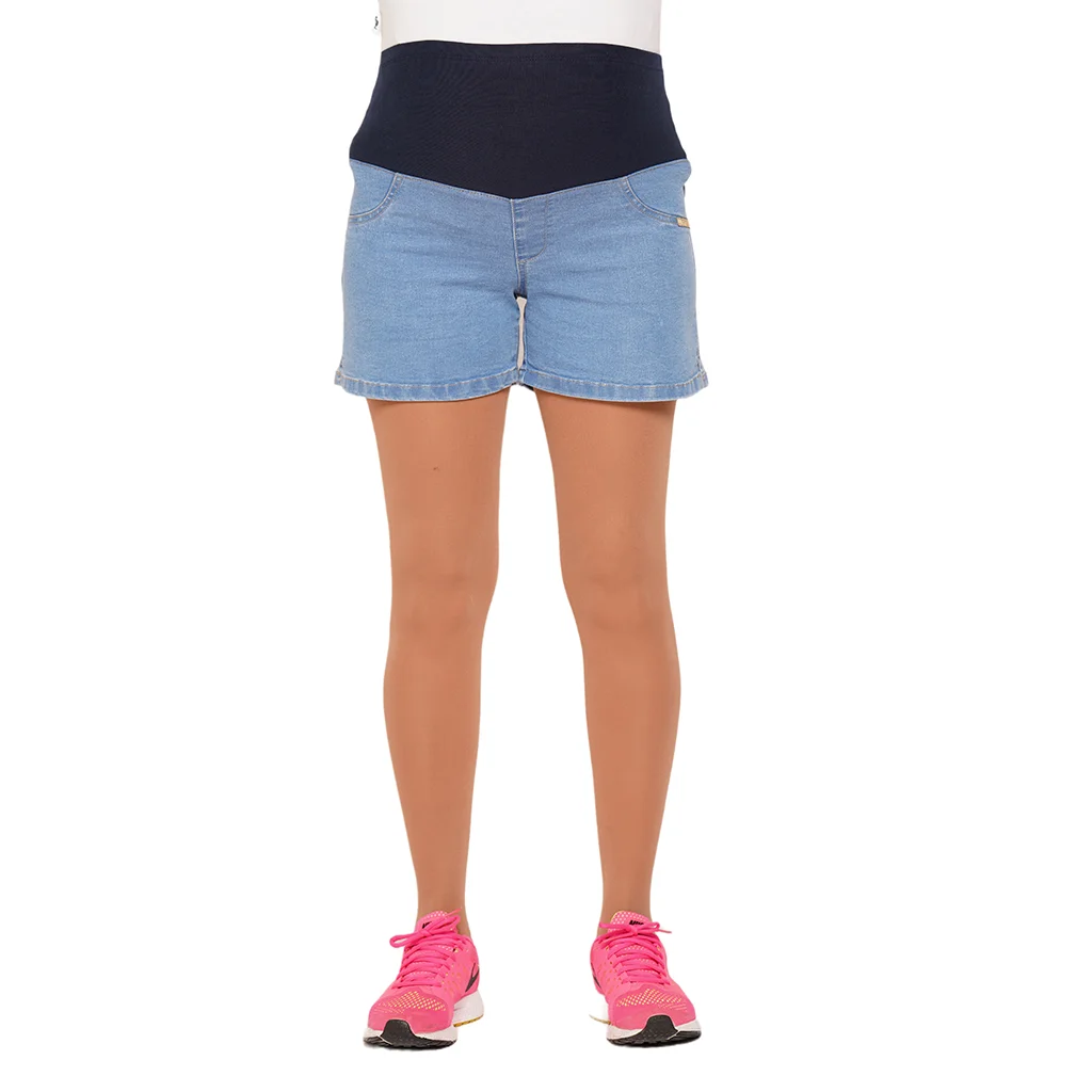 SHORT JEAN ELASTIZADO CELESTE CON FAJA ELASTIZADA DE ALGODON