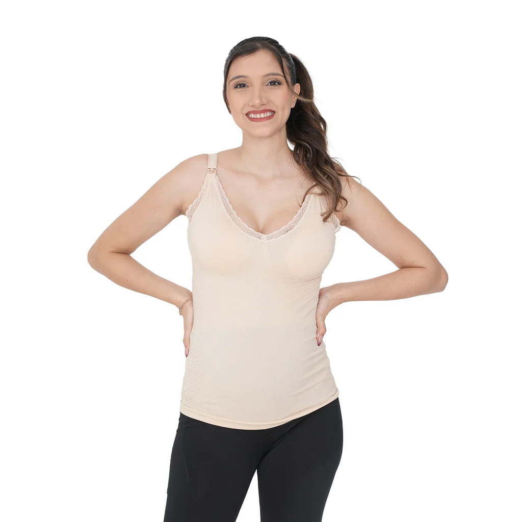 CAMISETA SIN COSTURA CON PUNTILLA EN ESCOTE Y ENTALLADO EN LA TERAL CON GANCHO DESMONTABLE PARA AMAMANTAR