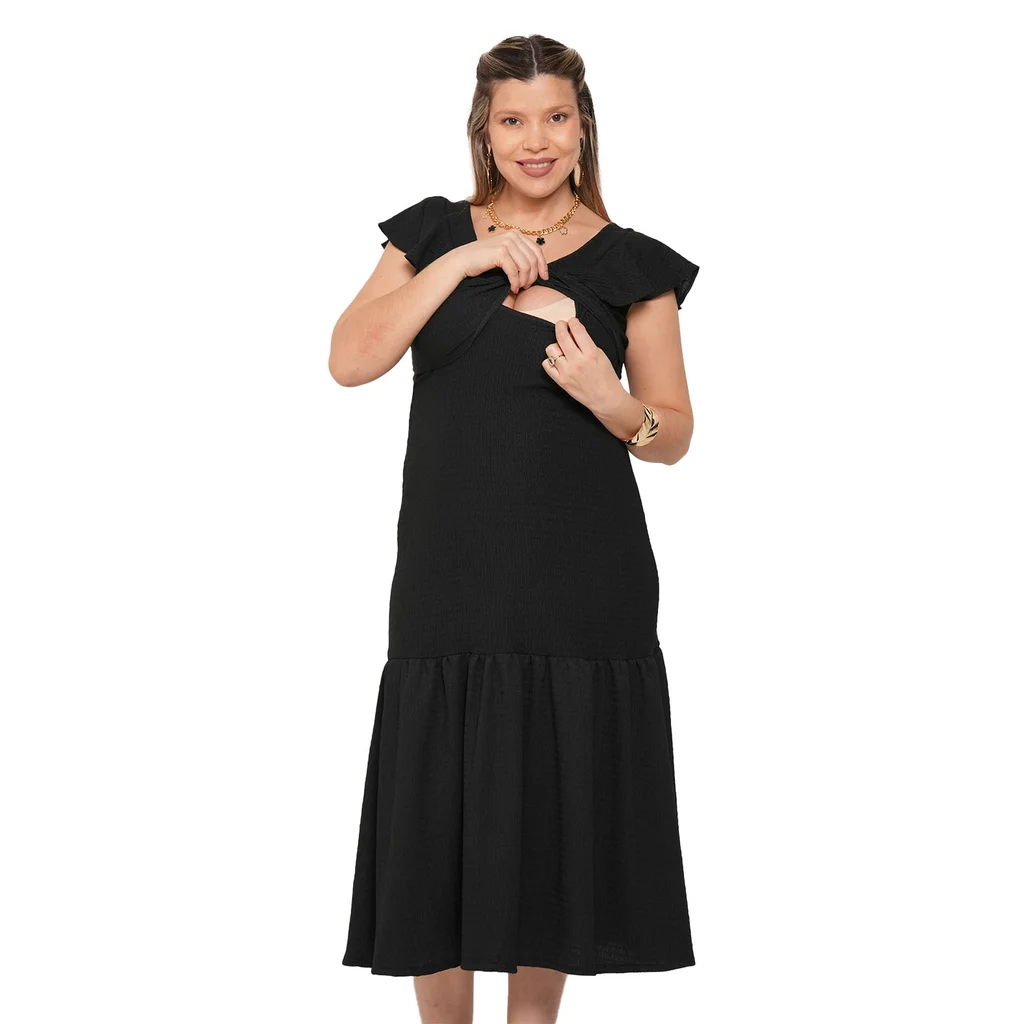 VESTIDO CREEP ELASTIZADO CON ESCOTE EN V Y VOLADOS. SISTEMA DE AMAMANTAR SUPERPUESTO