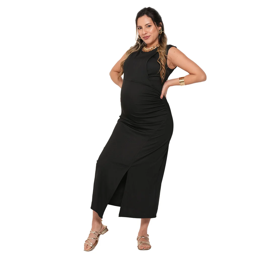 VESTIDO LARGO DE MICROMORLEY ELASTIZADO CON SISTEMA SUPERPUESTO PARA AMAMANTAR