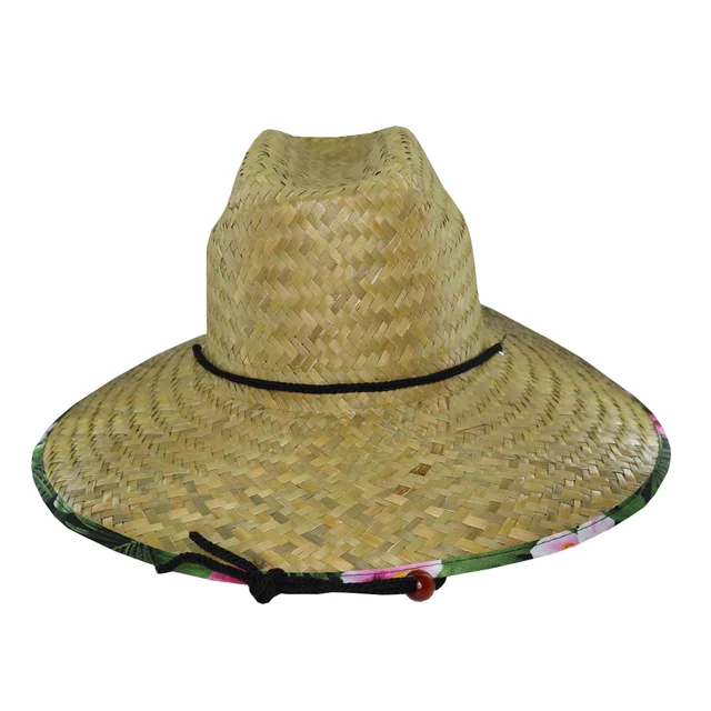 Sombrero guardavidas de paja ala estampado de flores con cordón.