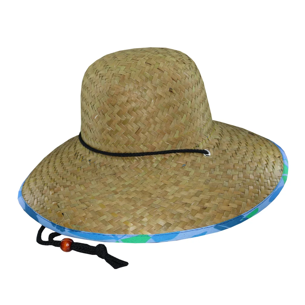 #221402A - Capelina de paja bajo ala estampado hojas azules con cordón