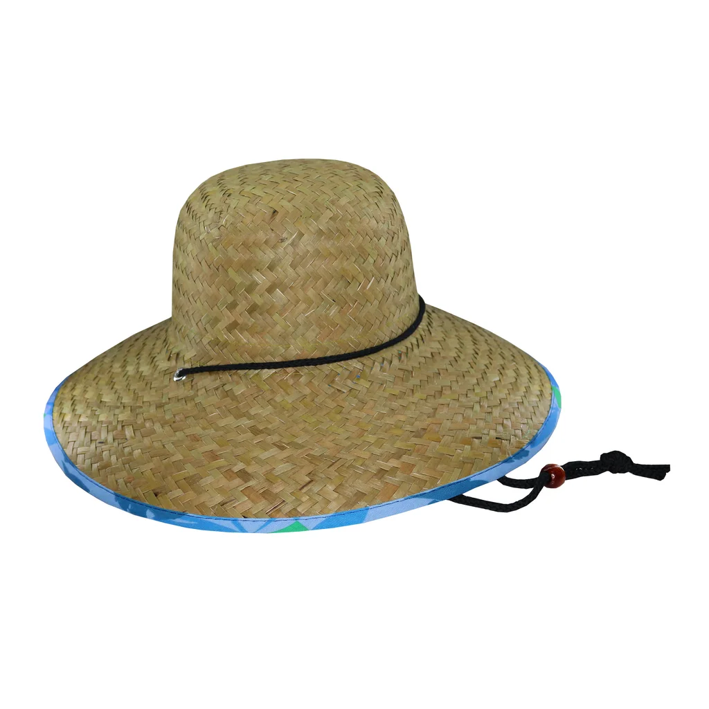 #221402A - Capelina de paja bajo ala estampado hojas azules con cordón