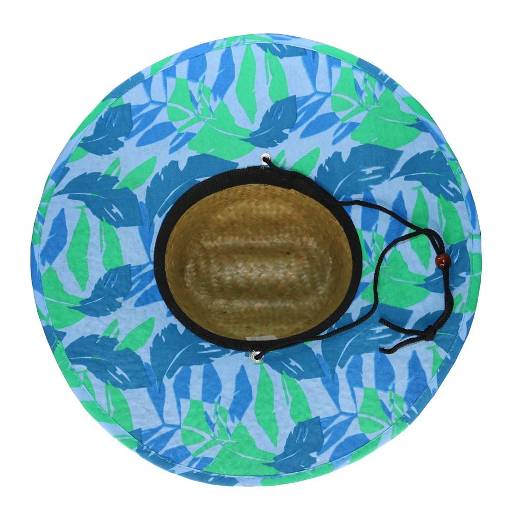 #241430A - Sombrero guardavidas de paja ala estampado de plumas azules con cordón.