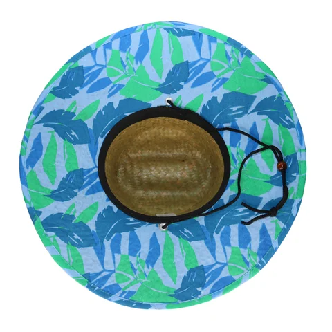 Sombrero guardavidas de paja ala estampado de plumas azules con cordón.