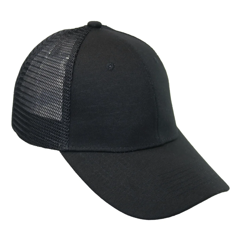 #107731BKBK - Gorra trucker visera curva 6 paneles negro.