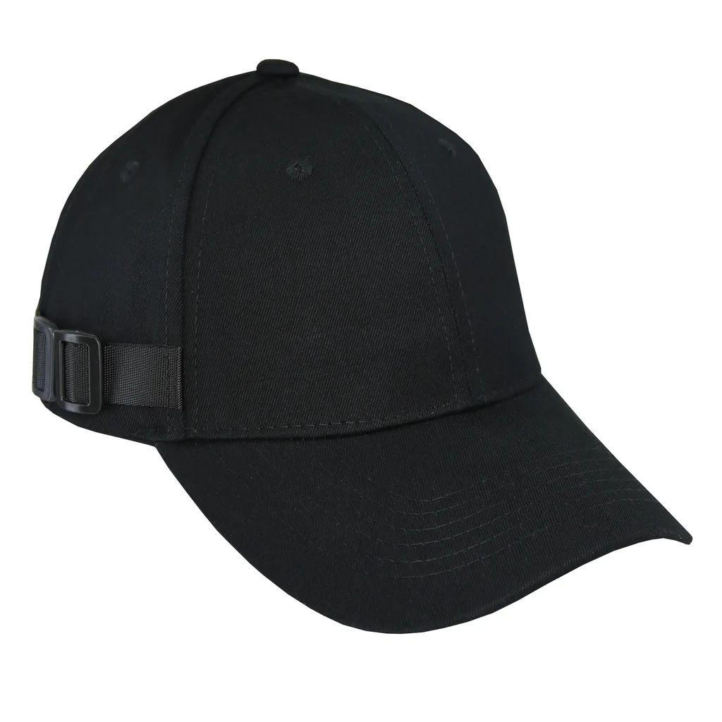 #108530BK - Gorra visera curva negra con hebilla pasador plástico.