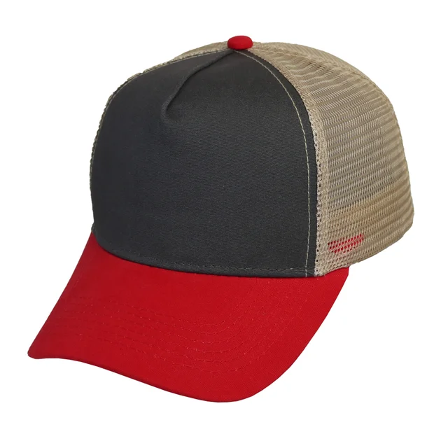 #108590DGKKRD - Trucker canva combinado en gris, caqui y rojo