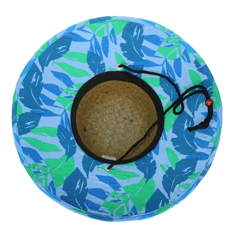 Capelina de paja bajo ala estampado hojas azules con cordón