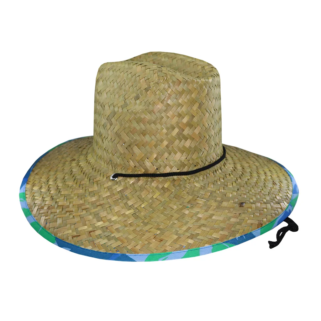 #241430A - Sombrero guardavidas de paja ala estampado de plumas azules con cordón.