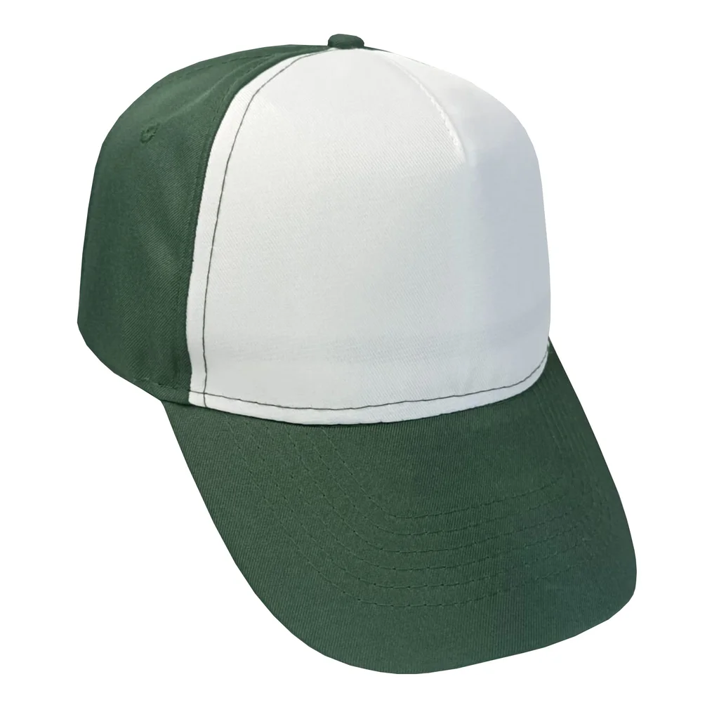 #1058BTWH - Gorra 5 gajos visera curva verde botella con frente blanco
