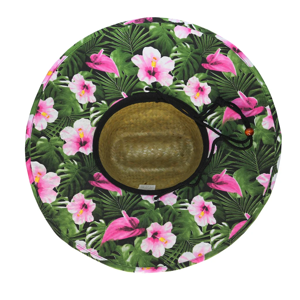 #241430B - Sombrero guardavidas de paja ala estampado de flores con cordón.