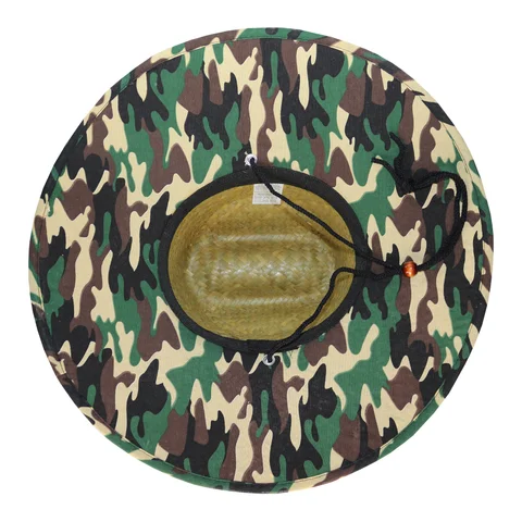 Sombrero guardavidas de paja ala estampado camuflaje con cordón.