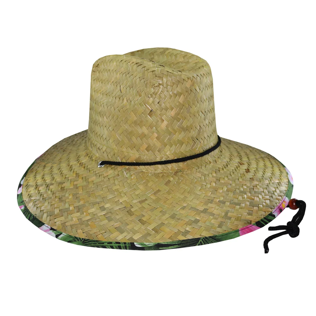 #241430B - Sombrero guardavidas de paja ala estampado de flores con cordón.