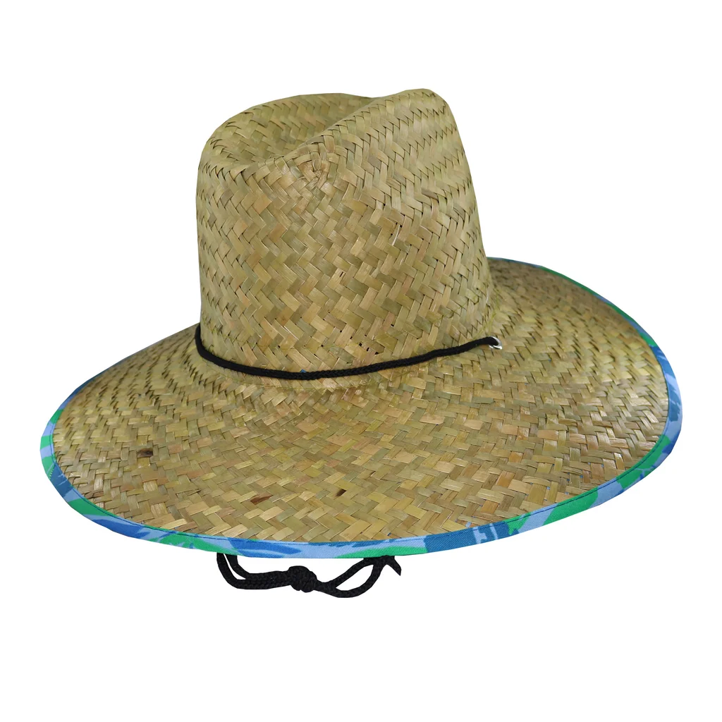 #241430A - Sombrero guardavidas de paja ala estampado de plumas azules con cordón.