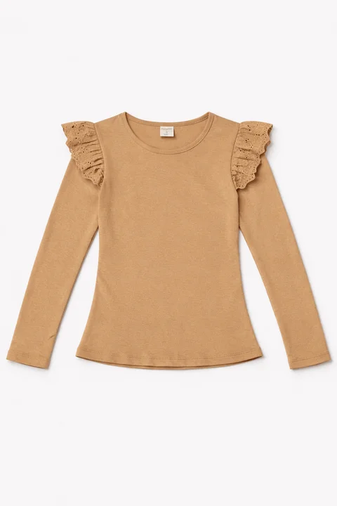 Remera manga larga de nena lisa con brodery calado ancho al tono en el hombro