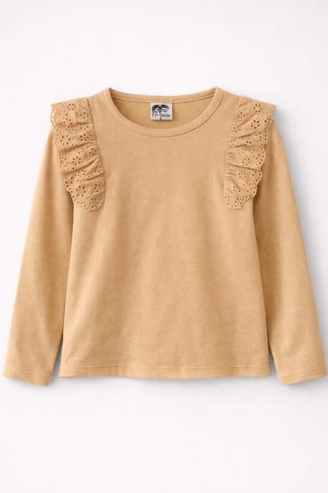 Remera de niña manga larga lisa con brodery calado al tono en frente